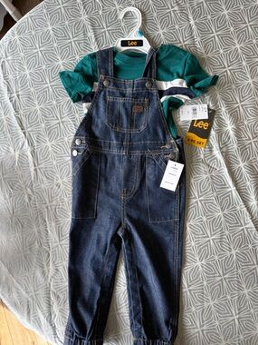 Lee Green Stripe Tee with Dark Blue Denim Overalls 2-Piece Set